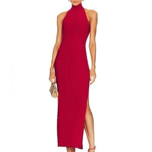 Norma Kamali Halter Turtleneck Side Slit Gown in Red